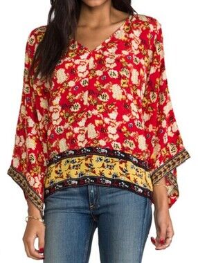 Revolve Tolani Skyler 100% Silk Women’s Crimson Red Floral V-Neck Boho Blouse S